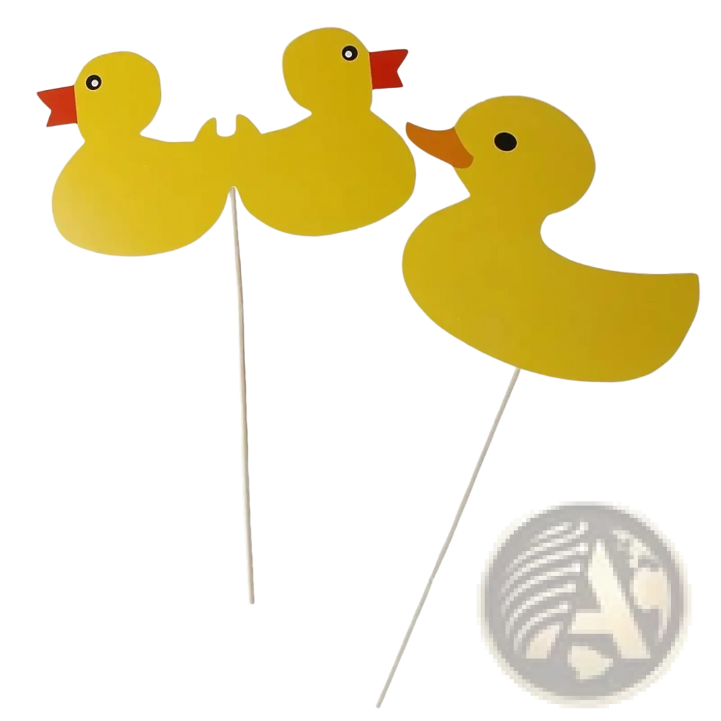 Yellow duck shaped party props with red beaks and black eyes on sticks for baby shower photo booth set