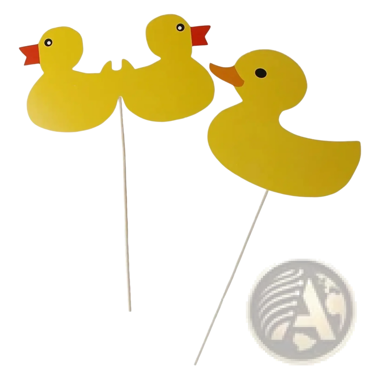 Yellow duck shaped party props with red beaks and black eyes on sticks for baby shower photo booth set