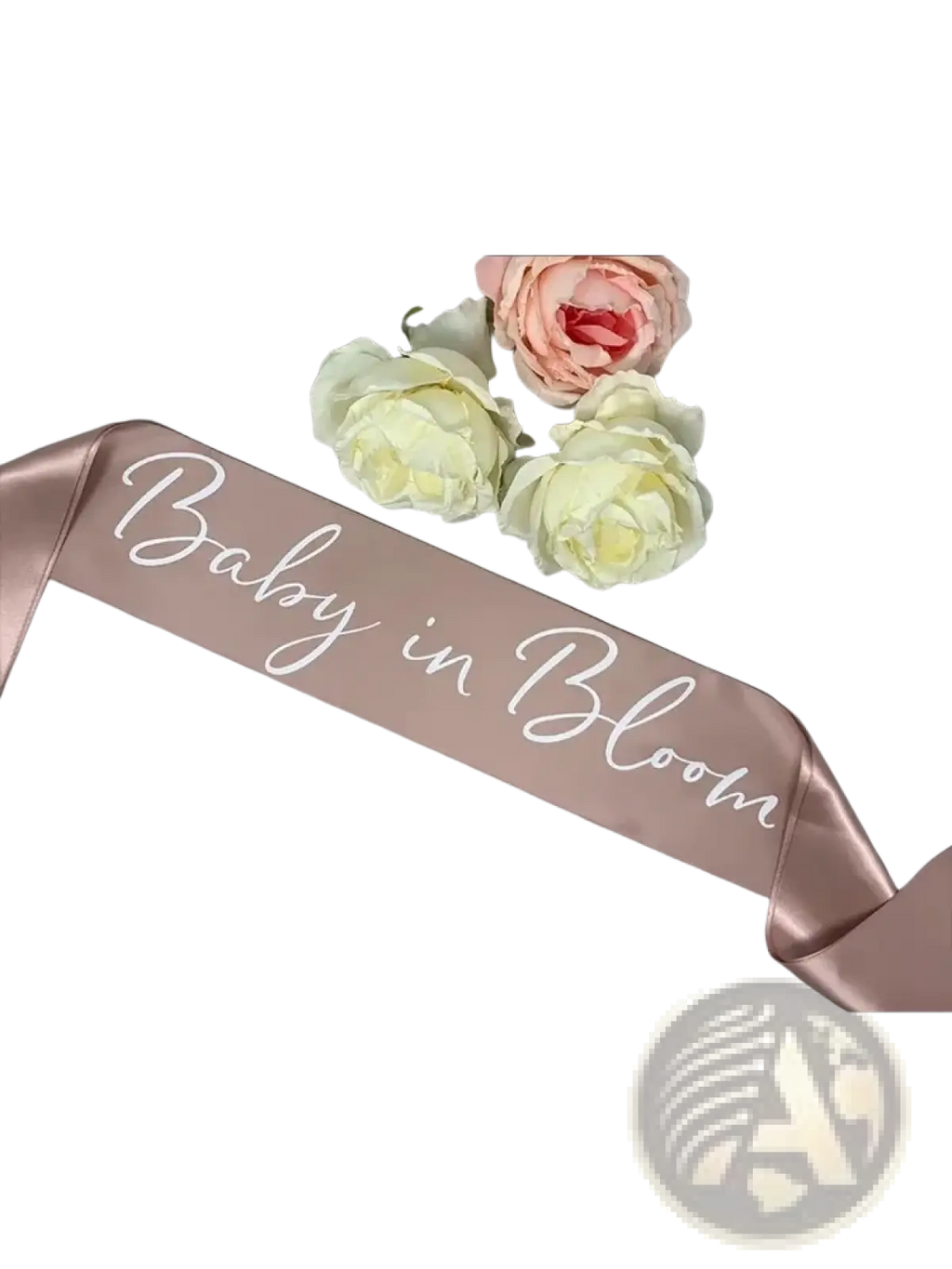 Rose-gold satin baby shower sash with baby in bloom white cursive script for mum to be maternity celebration