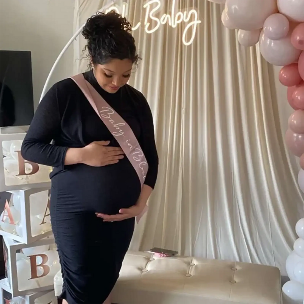 Baby shower sash blush pink satin with elegant cursive lettering baby in black for mum to be maternity