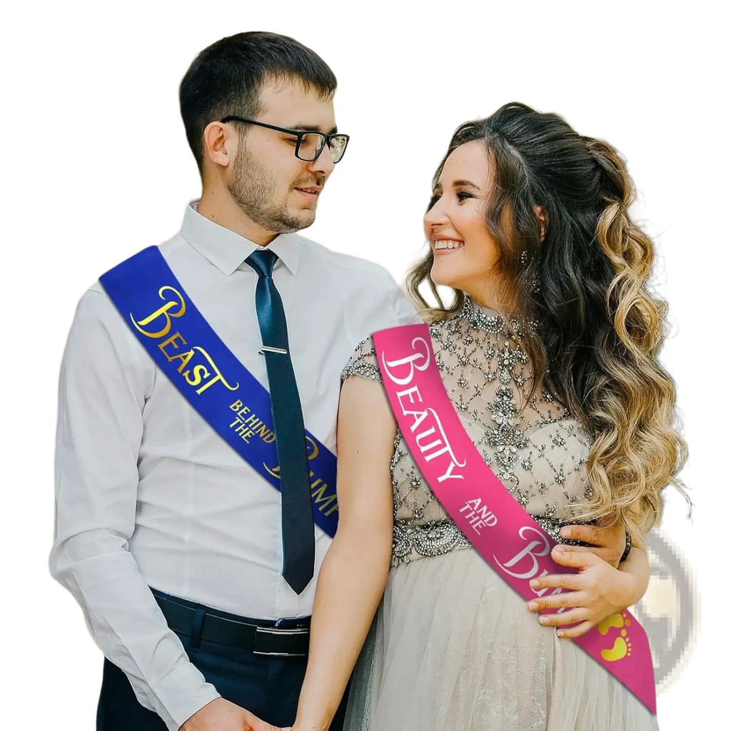 A man wearing a blue beauty and beast baby shower sash with gold lettering that reads beast behind the bump