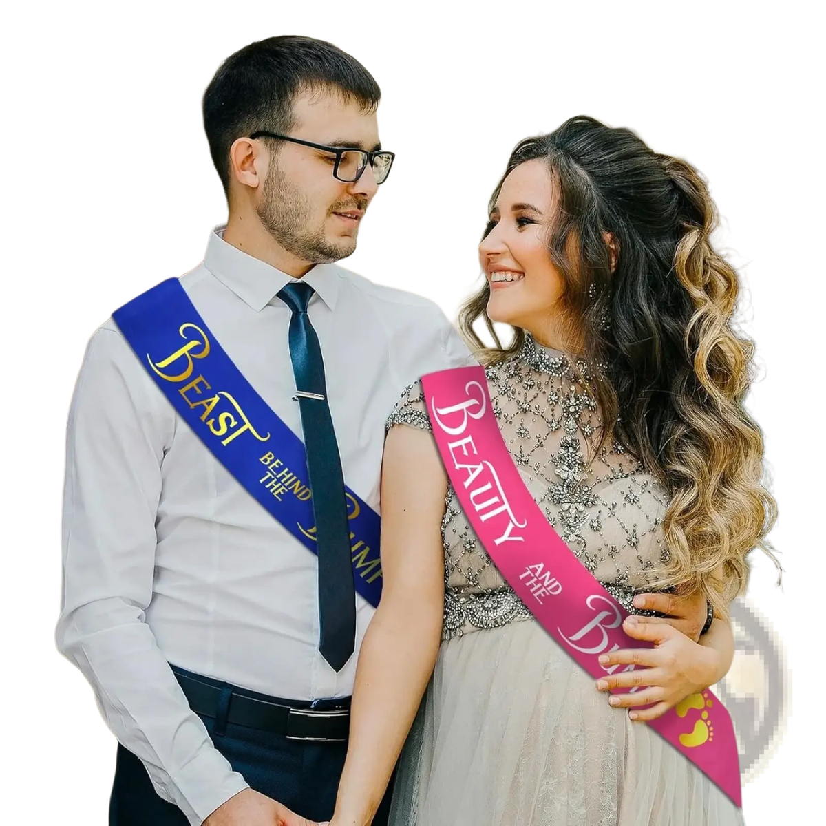 A man wearing a blue beauty and beast baby shower sash with gold lettering that reads beast behind the bump