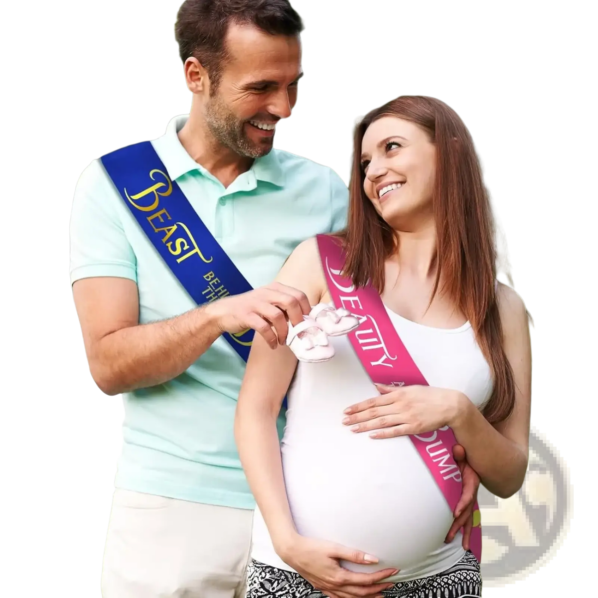 Man wearing a blue baby shower sash with gold lettering reading beast behind the for beauty and beast bump celebration