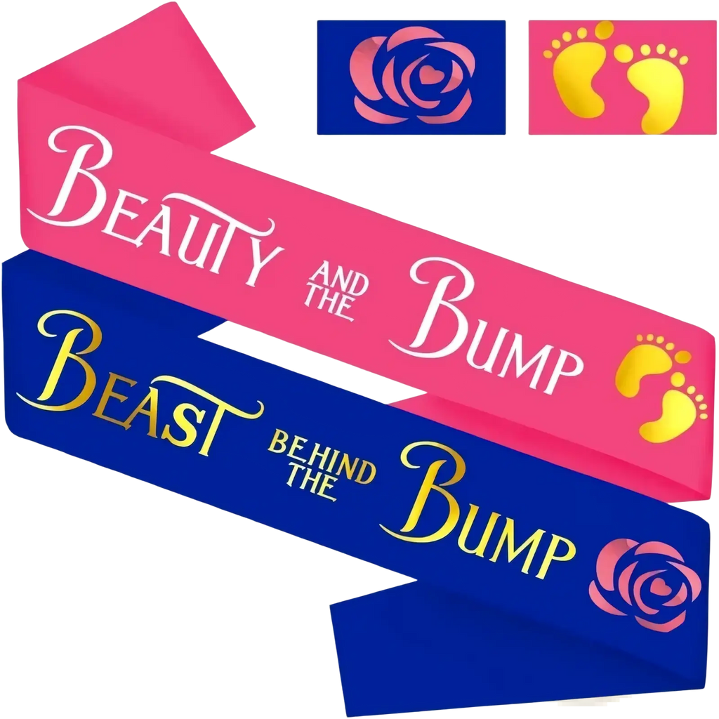 Baby shower sash set with pink and blue satin sashes featuring beauty and the bump and beast behind the bump designs