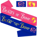 Baby shower sash set with pink and blue satin sashes featuring beauty and the bump and beast behind the bump designs