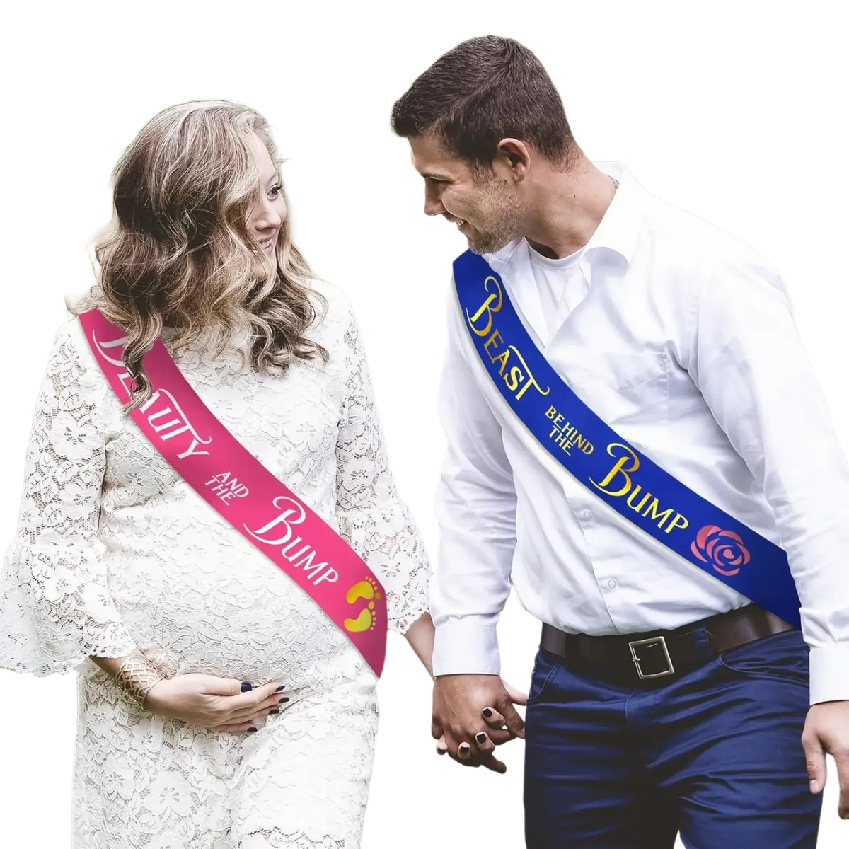Baby shower sash set featuring pink and blue satin sashes with gold beauty and the bump and beast behind the bump lettering