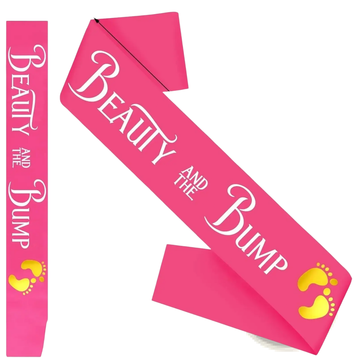 A vibrant pink satin baby shower sash with beauty and the bump in white cursive and gold baby footprints