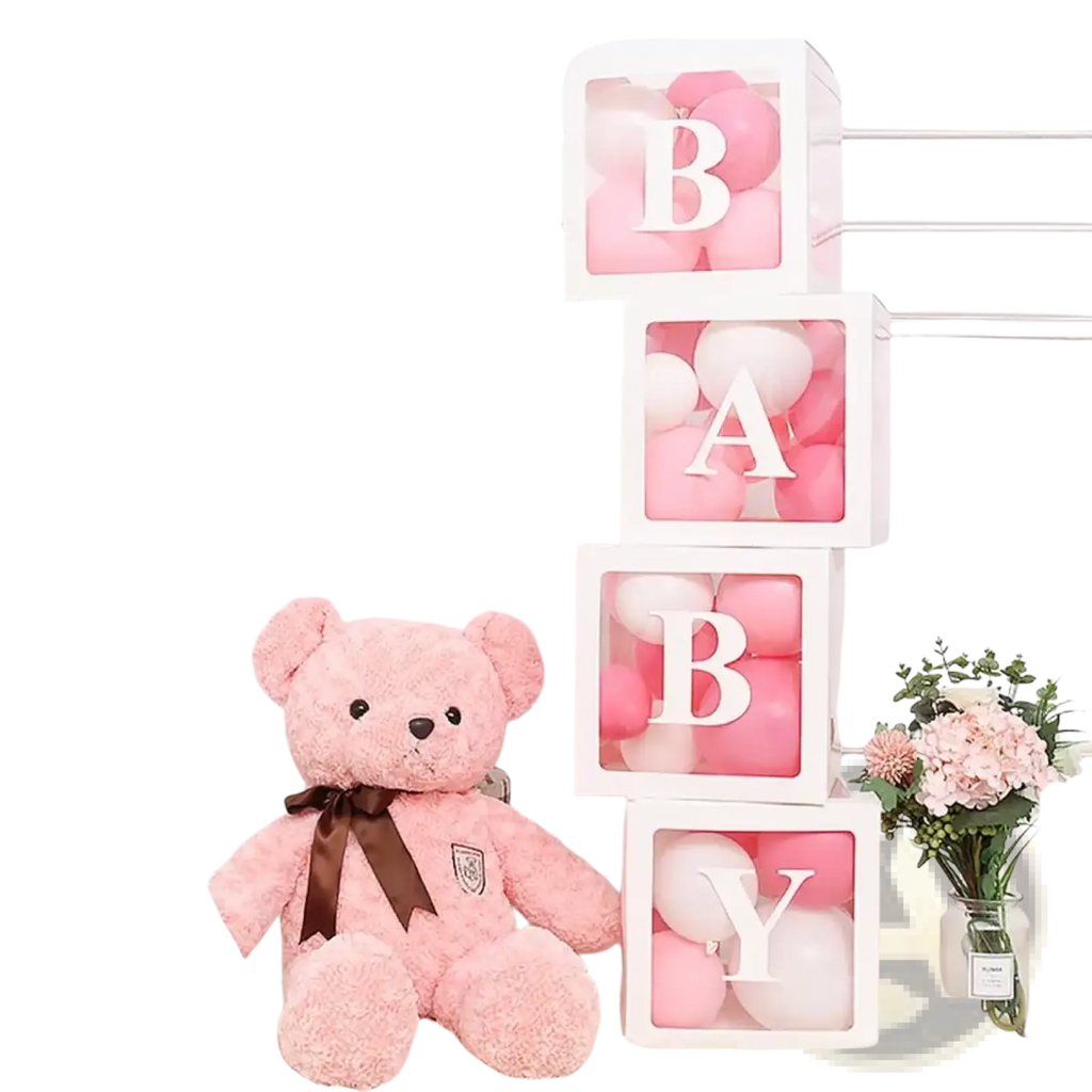 Pink plush teddy bear with brown ribbon in baby shower transparent balloon box set for celebration decor