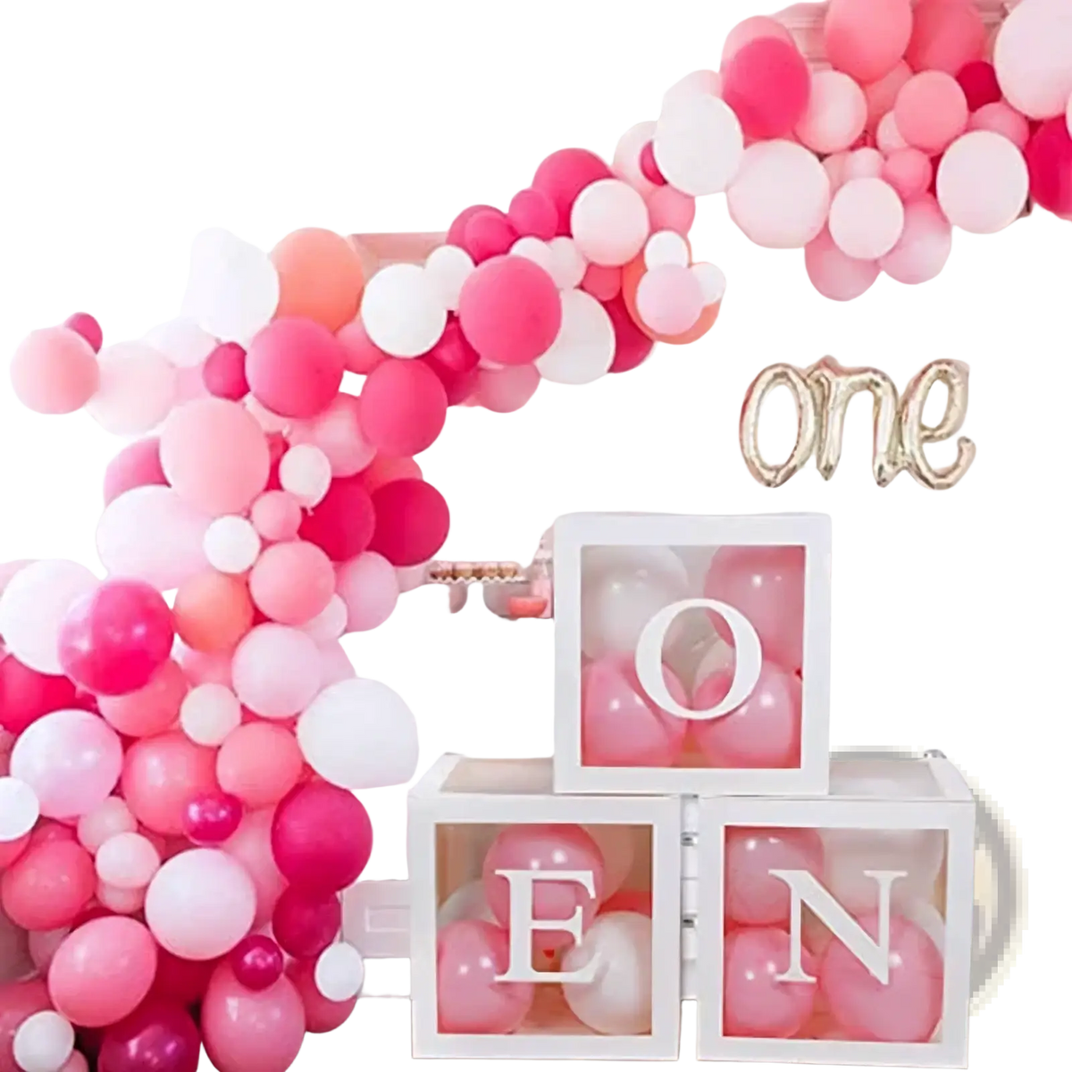 Baby shower transparent balloon box set with vibrant pink and white gradient balloon arch and clear acrylic letter boxes spelling one