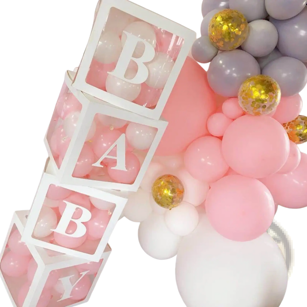 White lettered baby block display with pink and white balloons inside transparent cubes in baby shower balloon box set