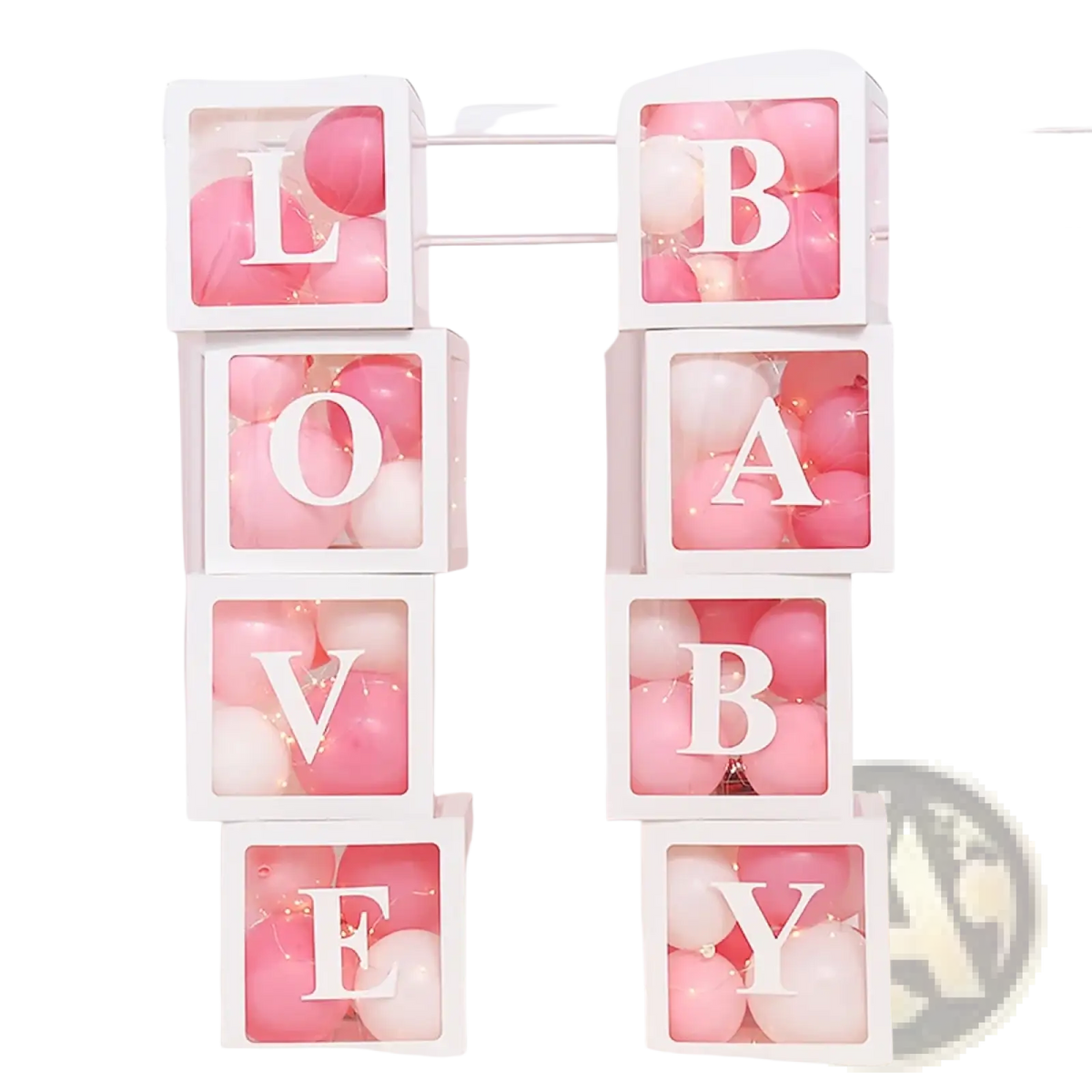 Baby shower transparent balloon box set with white boxes spelling love baby filled with pink and white balloons