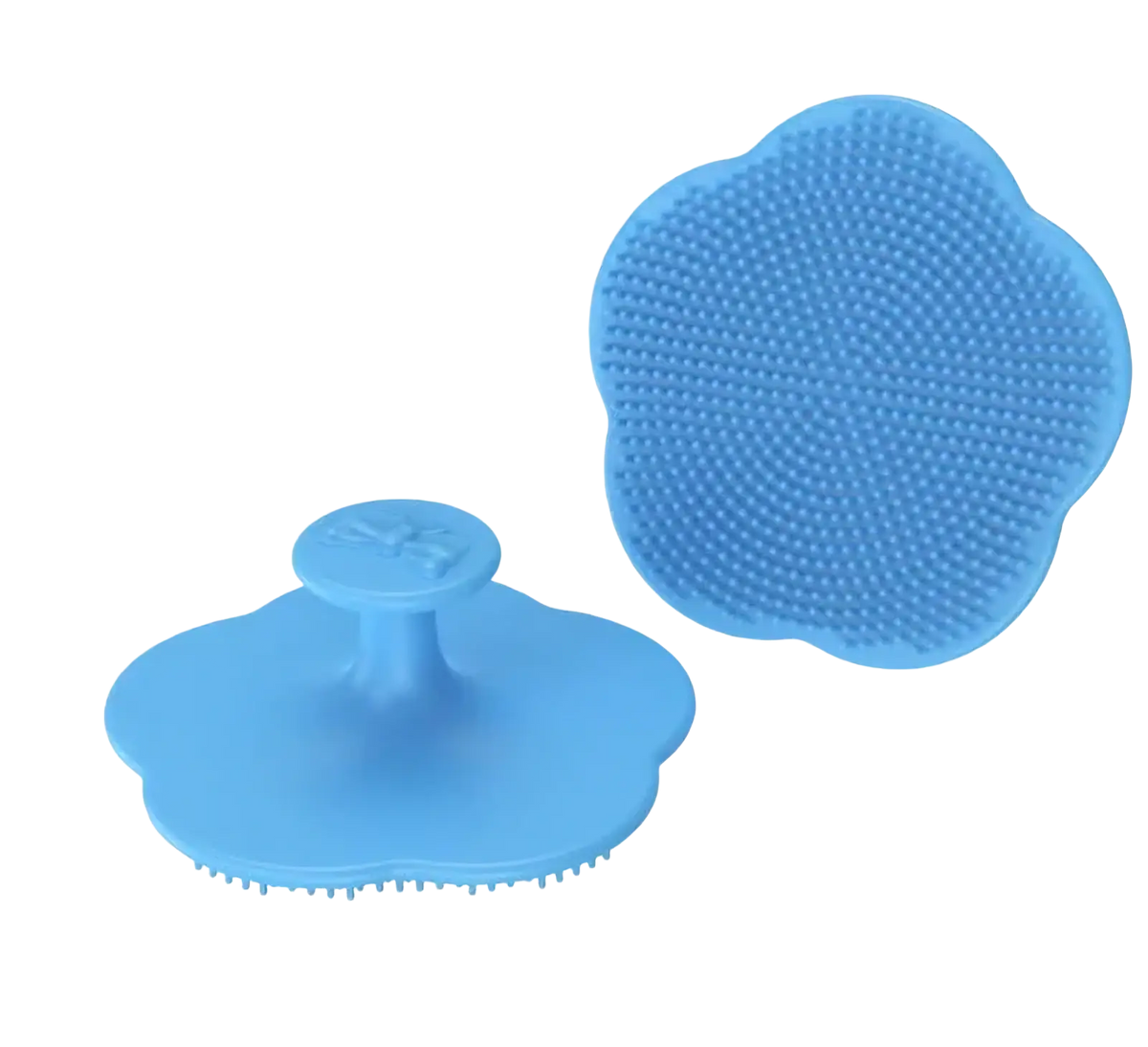 Blue silicone flower-shaped baby silicone hair brush and scalp massager with soft bristles and central handle