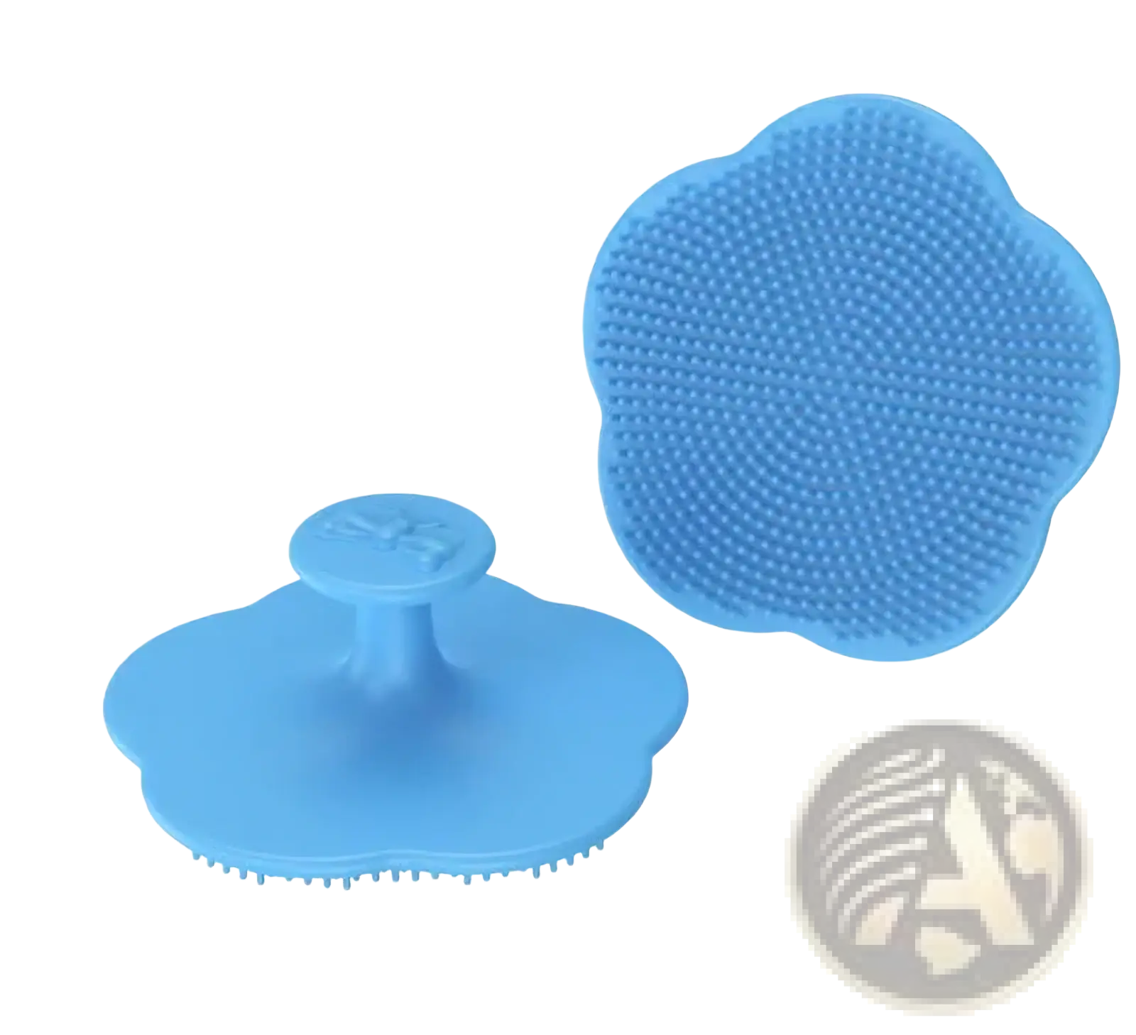 Blue silicone flower-shaped baby silicone hair brush and scalp massager with soft bristles and central handle