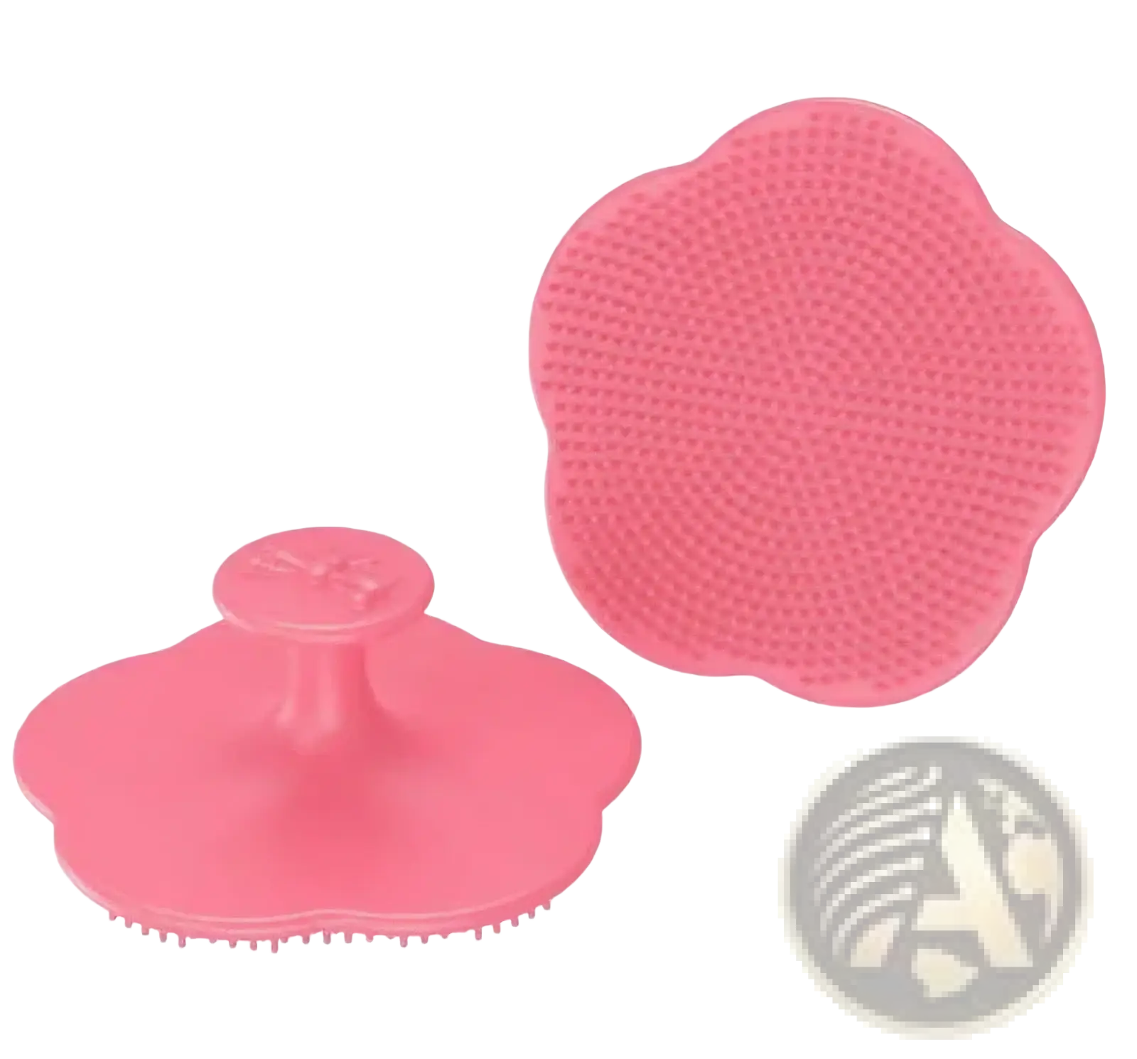 Pink silicone baby hair brush and scalp massager with flower shape textured bristles and central handle for gentle care