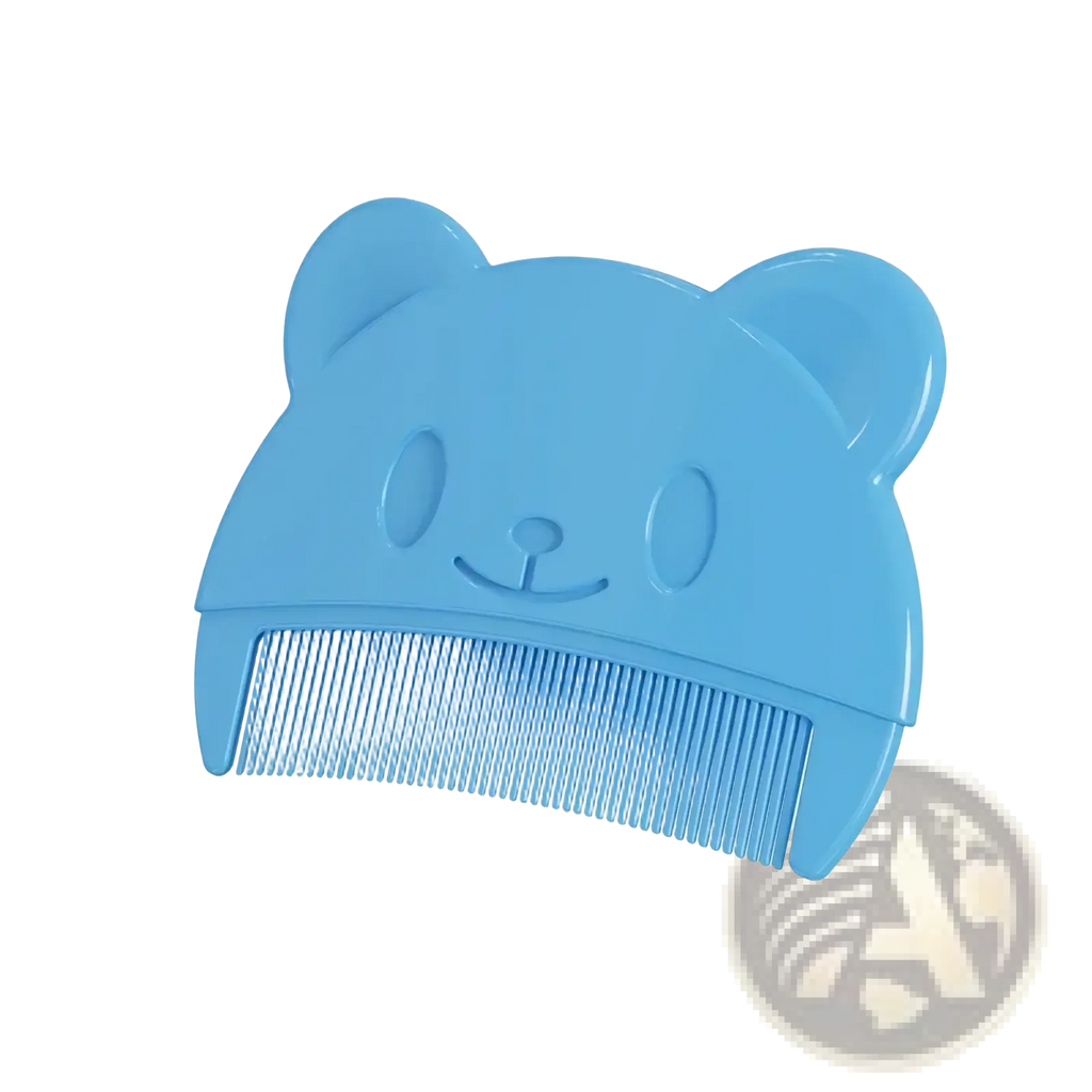 A light blue silicone baby hair brush and scalp massager shaped like a cute bear face with rounded ears