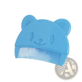 A light blue silicone baby hair brush and scalp massager shaped like a cute bear face with rounded ears