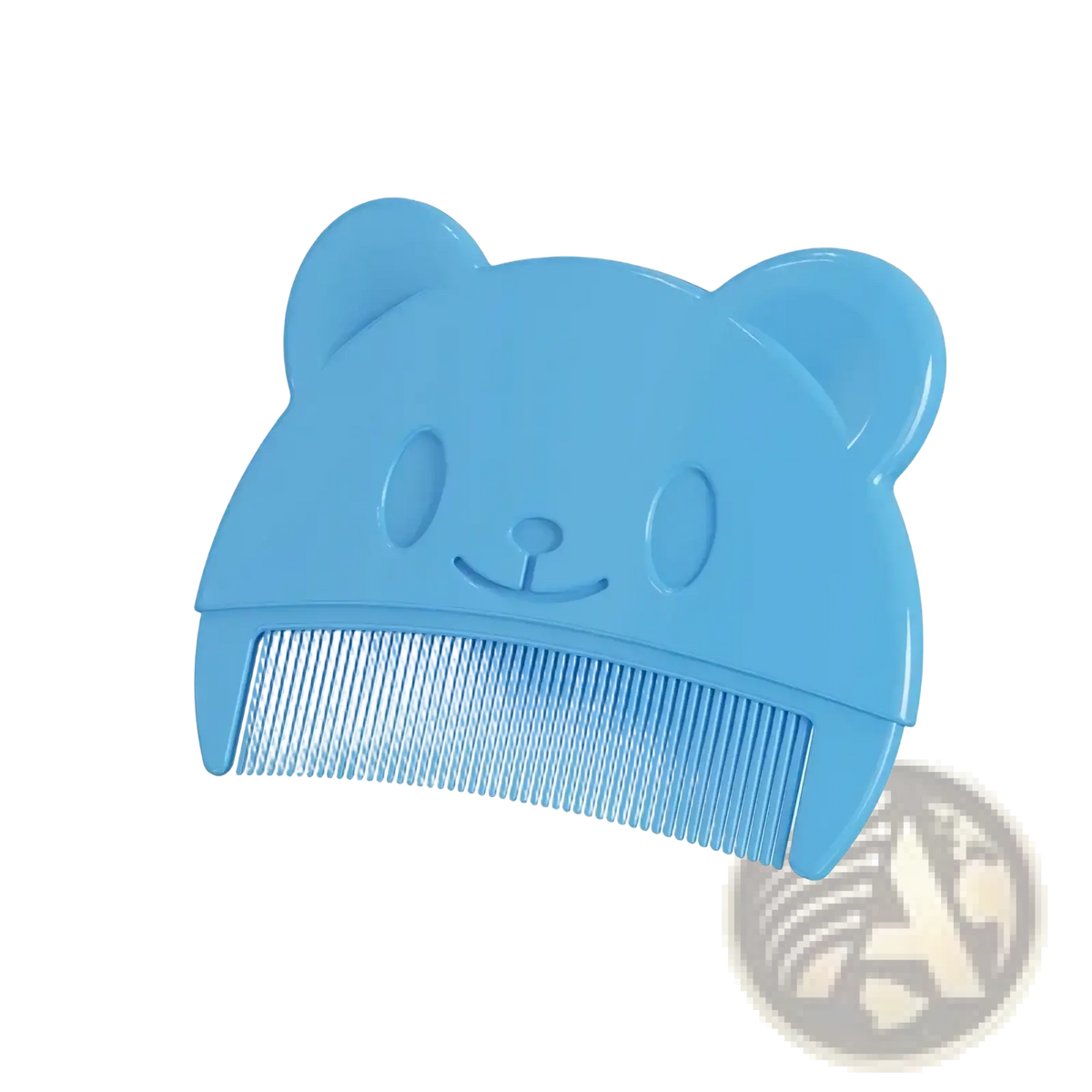 A light blue silicone baby hair brush and scalp massager shaped like a cute bear face with rounded ears