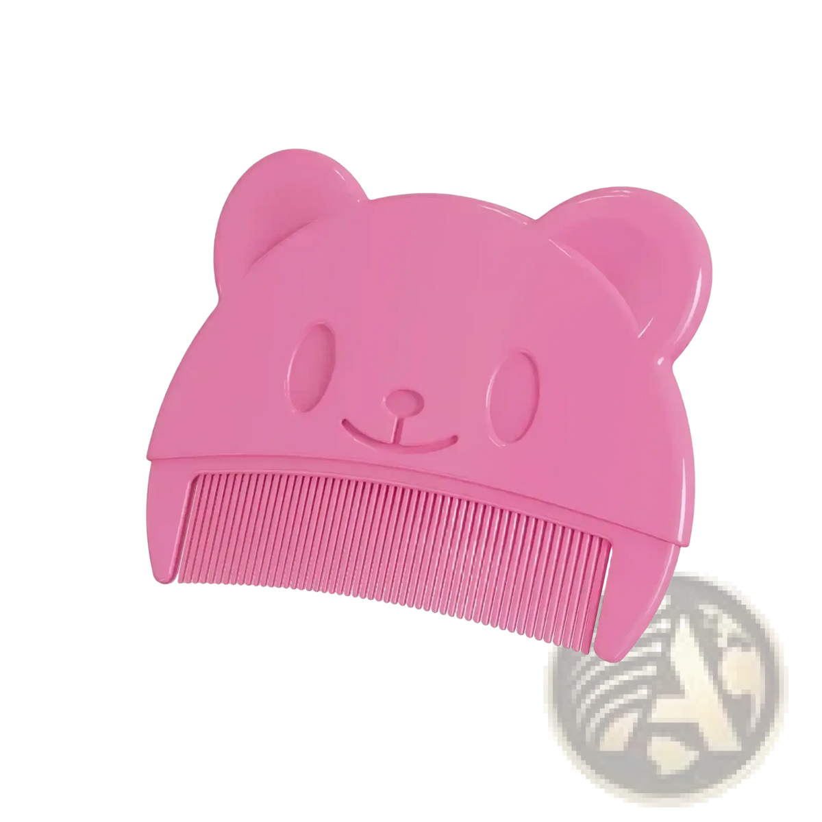 Pink silicone baby hair brush and scalp massager shaped like a bear with a smiling face and rounded ears