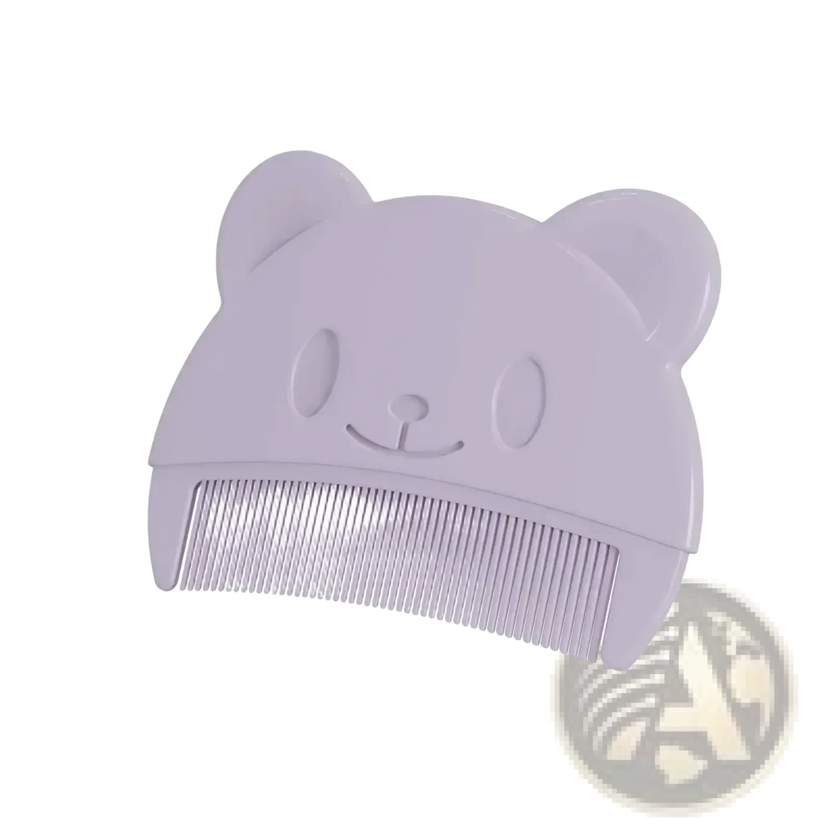 Lavender baby silicone hair brush and scalp massager shaped like a cute bear face with rounded ears and simple features