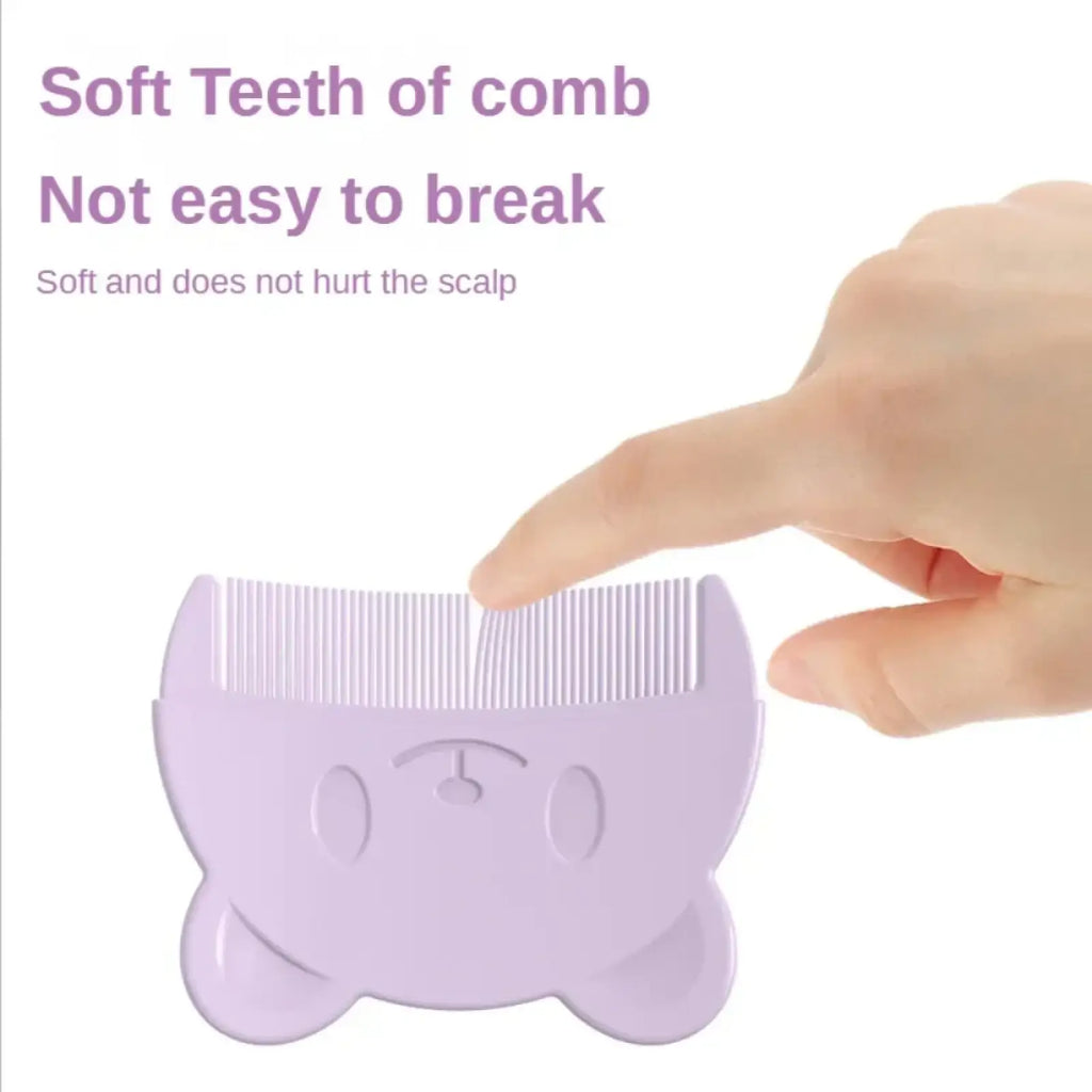Lavender silicone baby hair brush and scalp massager shaped like a bear face with soft gentle teeth for safe use