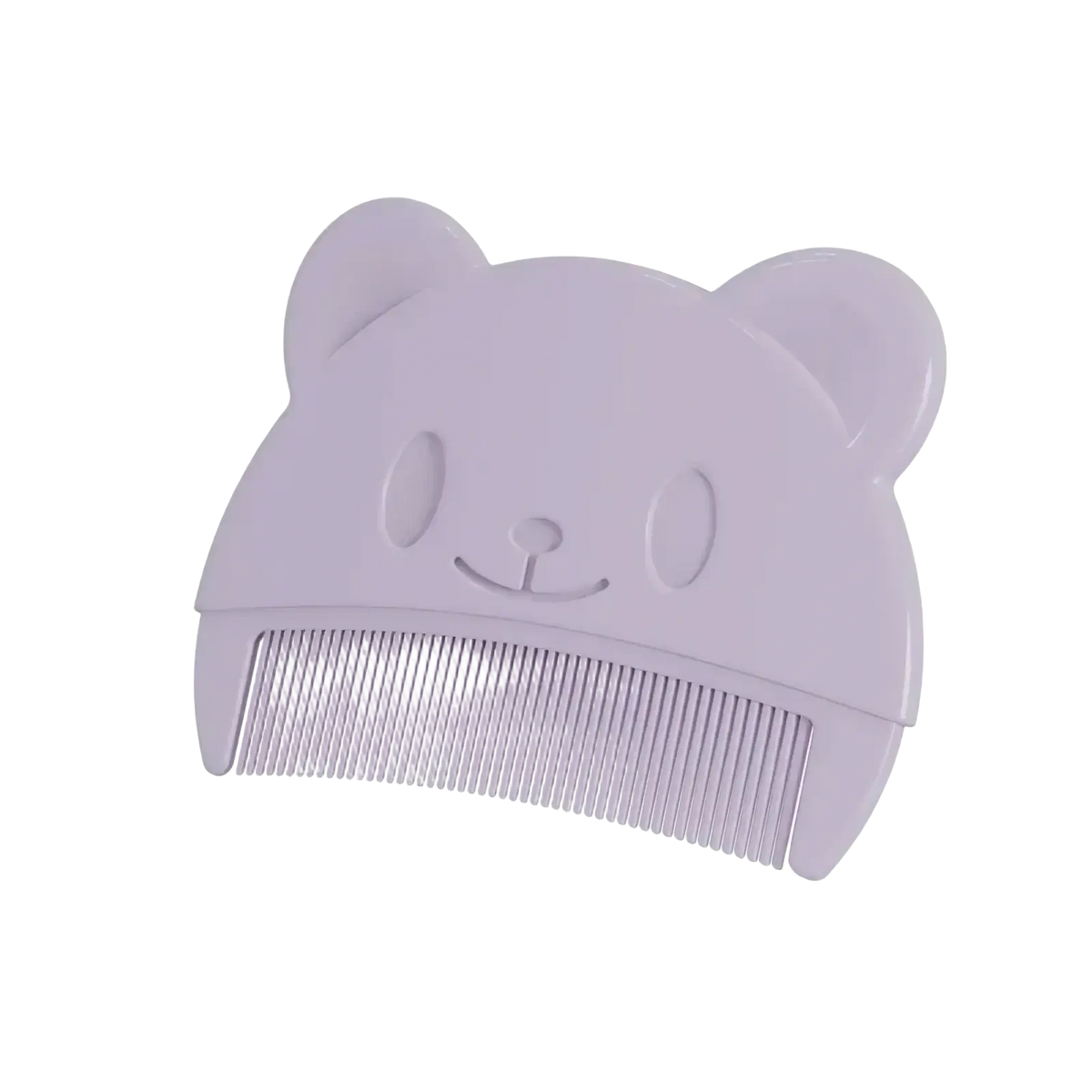 Lavender baby silicone hair brush and scalp massager shaped like a cute bear face with rounded ears and simple features