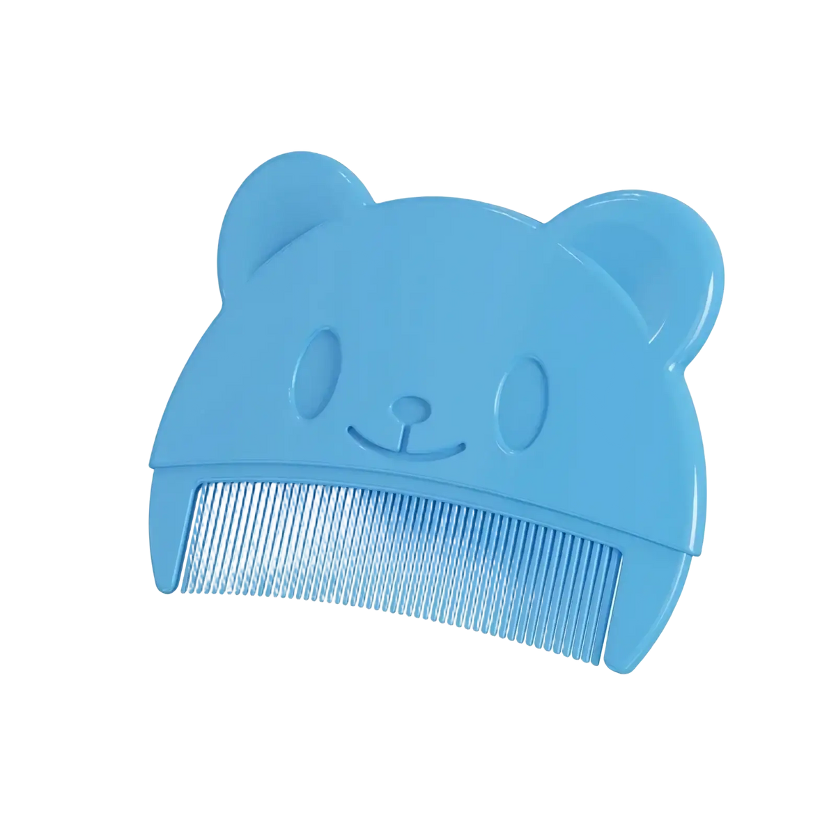 A light blue silicone baby hair brush and scalp massager shaped like a cute bear face with rounded ears