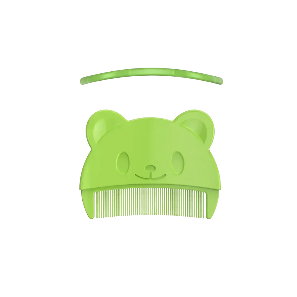 A lime green baby silicone hair brush and scalp massager shaped like a smiling bear head with rounded ears