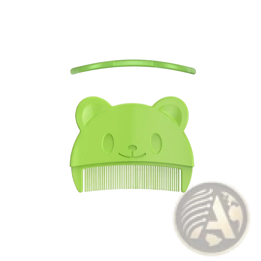 A lime green baby silicone hair brush and scalp massager shaped like a smiling bear head with rounded ears