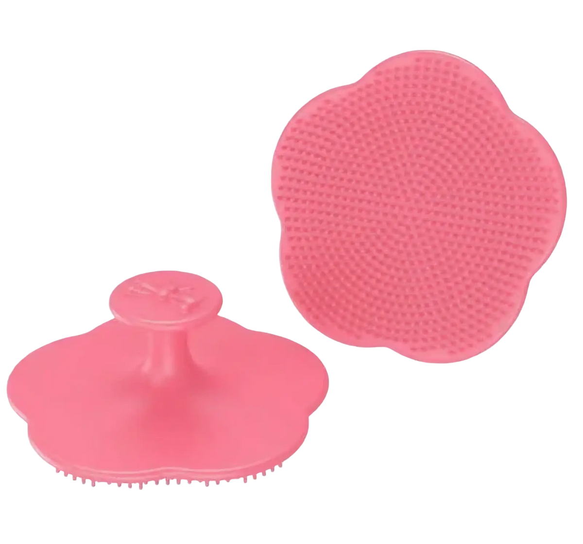Pink silicone baby hair brush and scalp massager with flower shape textured bristles and central handle for gentle care