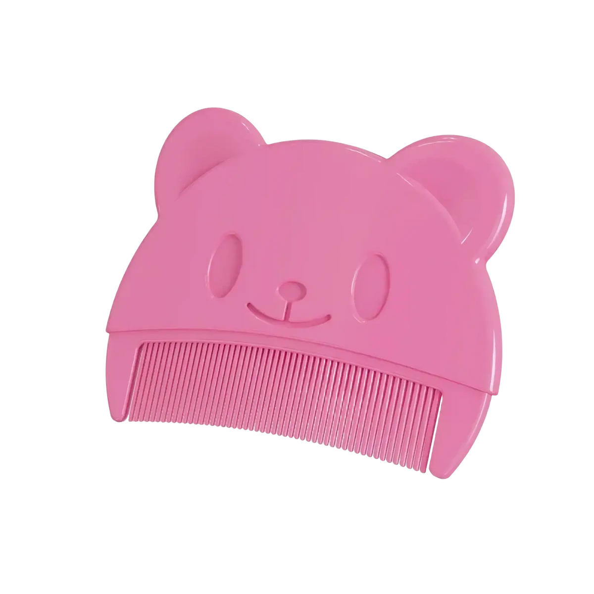 Pink silicone baby hair brush and scalp massager shaped like a bear with a smiling face and rounded ears