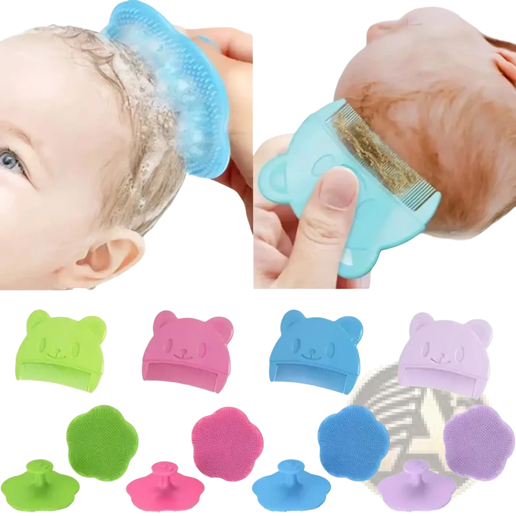 A set of colorful bear-shaped baby silicone hair brushes and scalp massagers in pastel shades for gentle use