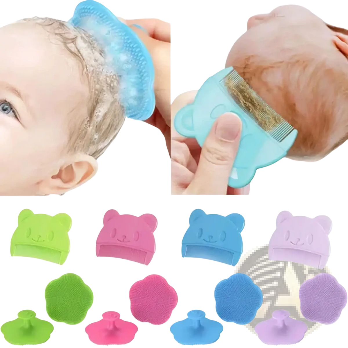 A set of colorful bear-shaped baby silicone hair brushes and scalp massagers in pastel shades for gentle use