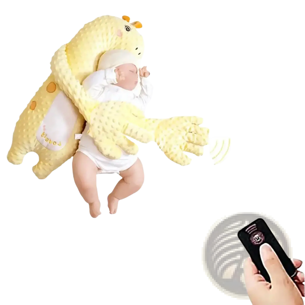Yellow textured dinosaur-shaped baby sleep aid hand doll with orange spots and embroidered eyes for soothing infants