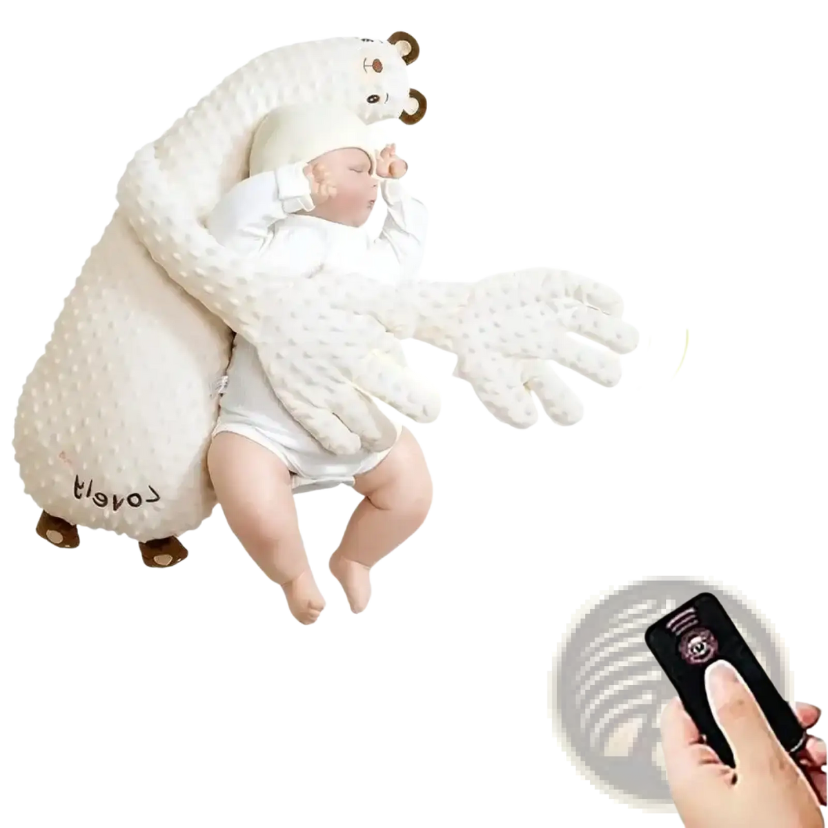 White plush polar bear-shaped baby sleep aid hand doll with textured surface and brown embroidered details