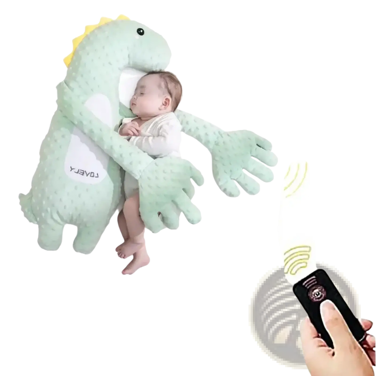 A soft mint-green dinosaur-shaped baby sleep aid hand doll with textured surface and yellow spines for soothing