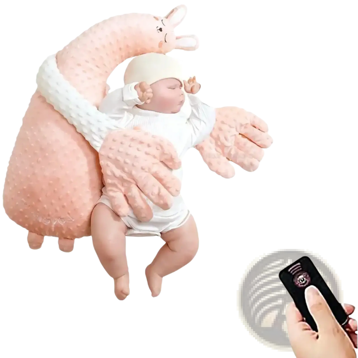 Pink plush llama-shaped baby sleeper with textured surface and embroidered facial features for sleep aid soothing hand doll