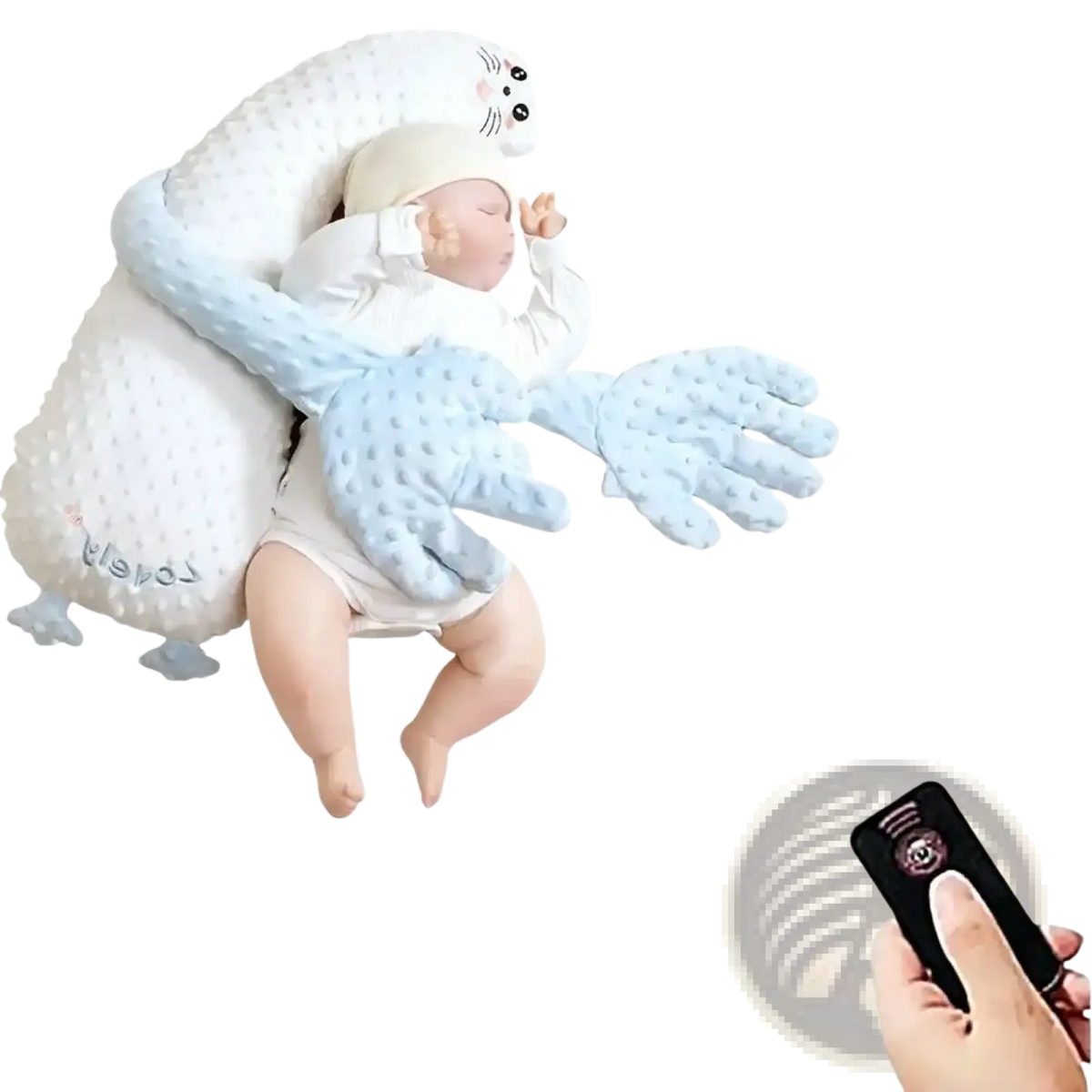 White and light blue plush cat-shaped baby sleep aid soothing hand doll with textured fabric and soft arms