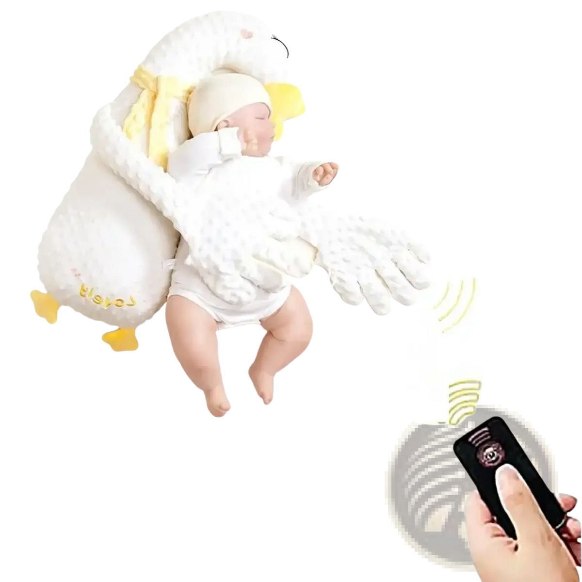 Soft white plush duck-shaped baby sleep aid soothing hand doll with yellow accents and embroidered details