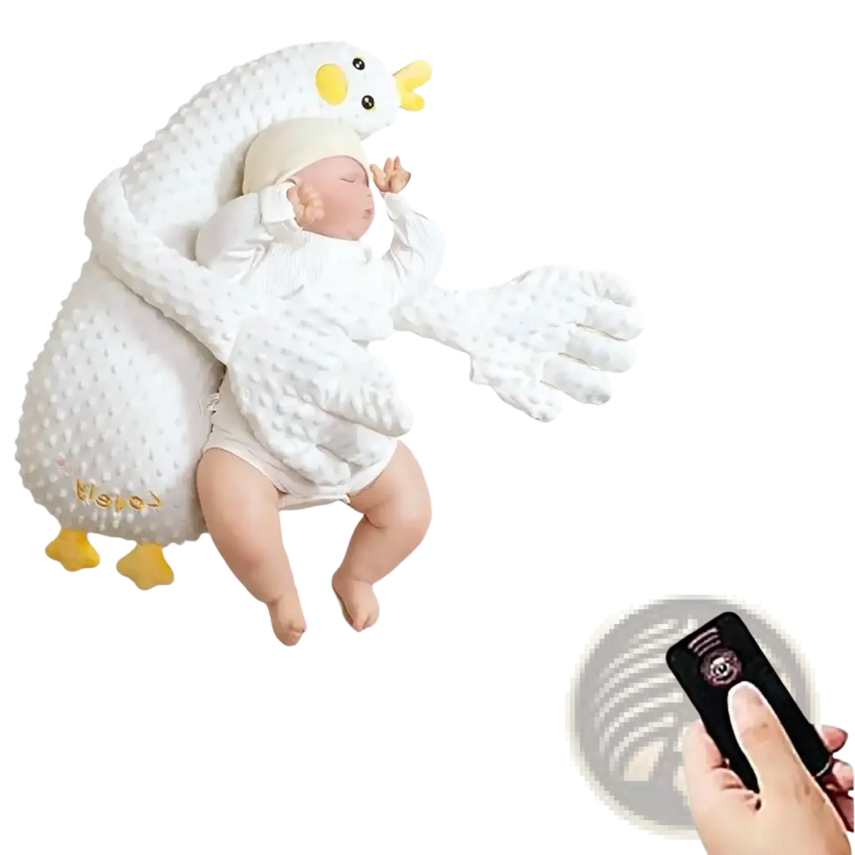 White plush duck-shaped baby sleep aid hand doll with yellow beak and feet in textured fabric for soothing use
