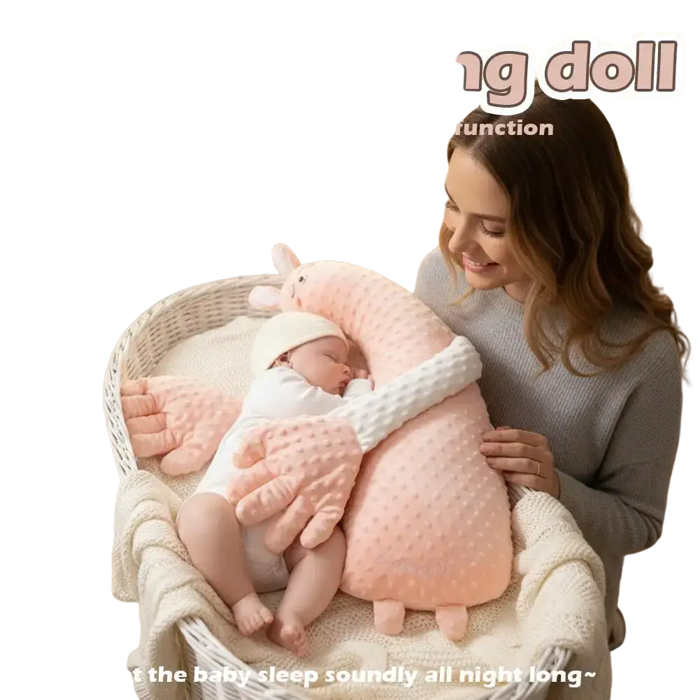 Pink plush baby sleep aid soothing hand doll with textured dotted surface and soft cuddly arms for gentle embrace