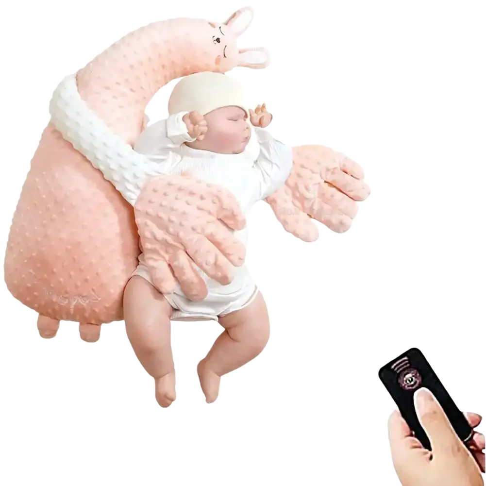 Pink plush llama-shaped baby sleeper with textured surface and embroidered facial features for sleep aid soothing hand doll