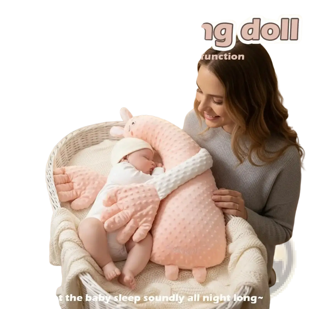 Pink plush baby sleep aid soothing hand doll with textured dotted surface and soft cuddly arms for gentle embrace
