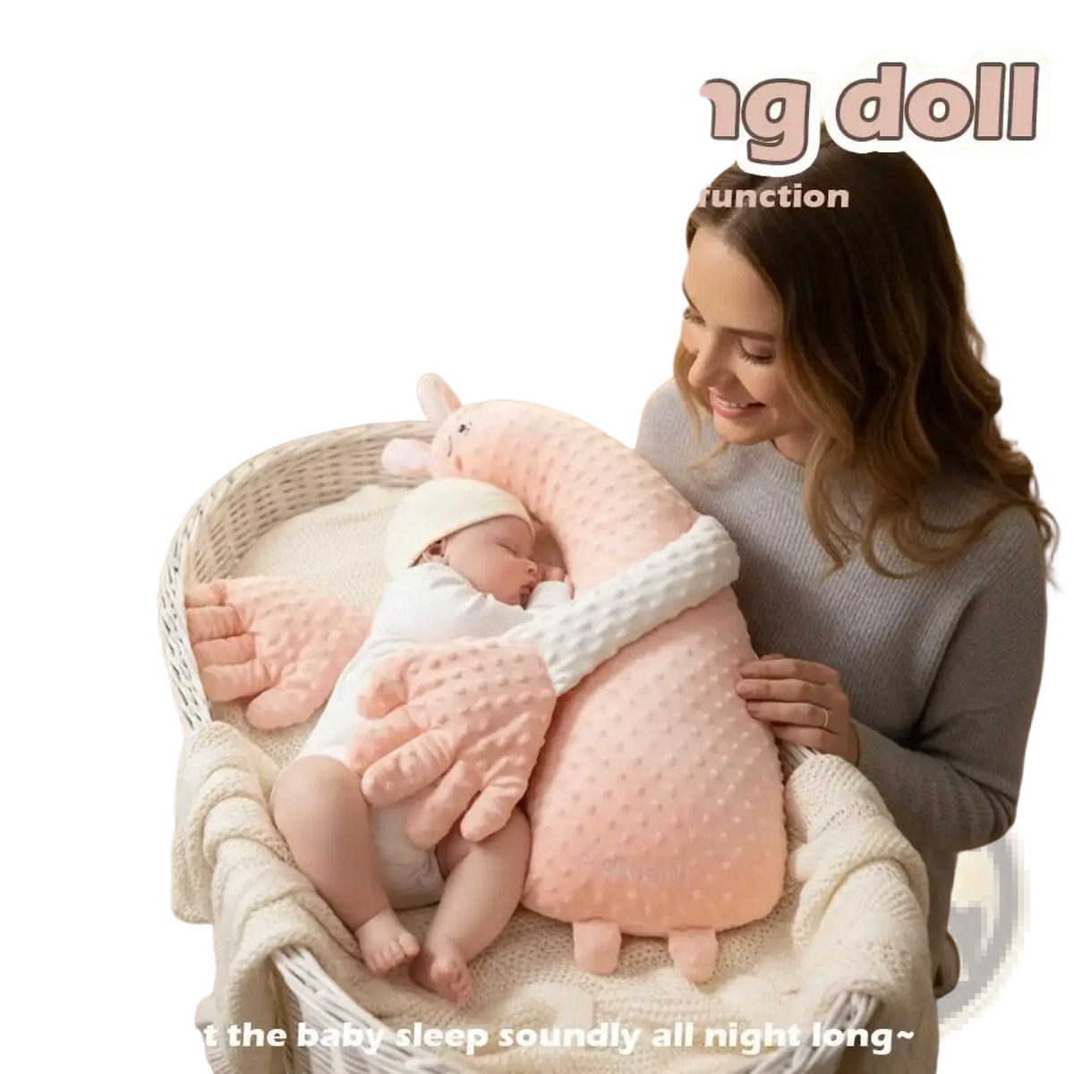 Pink plush baby sleep aid soothing hand doll with textured dotted surface and soft cuddly arms for gentle embrace