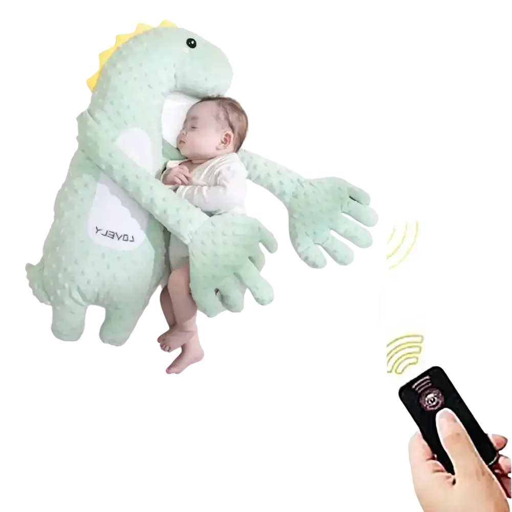 A soft mint-green dinosaur-shaped baby sleep aid hand doll with textured surface and yellow spines for soothing