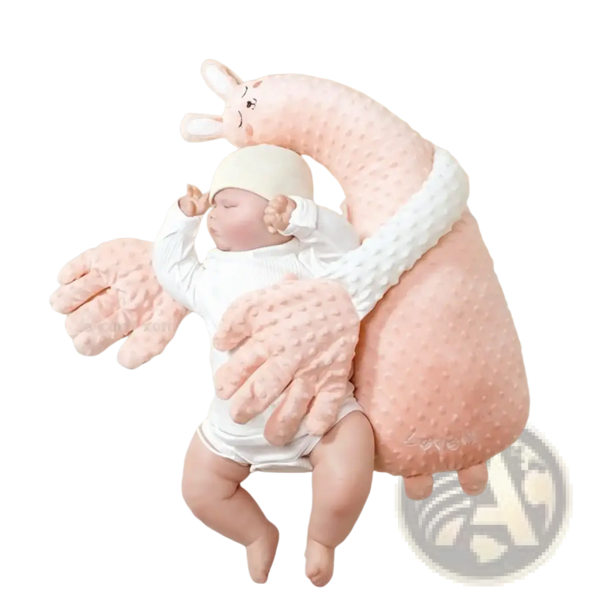 Soft pink plush bunny-shaped baby sleep aid pillow with textured fabric and embroidered facial features