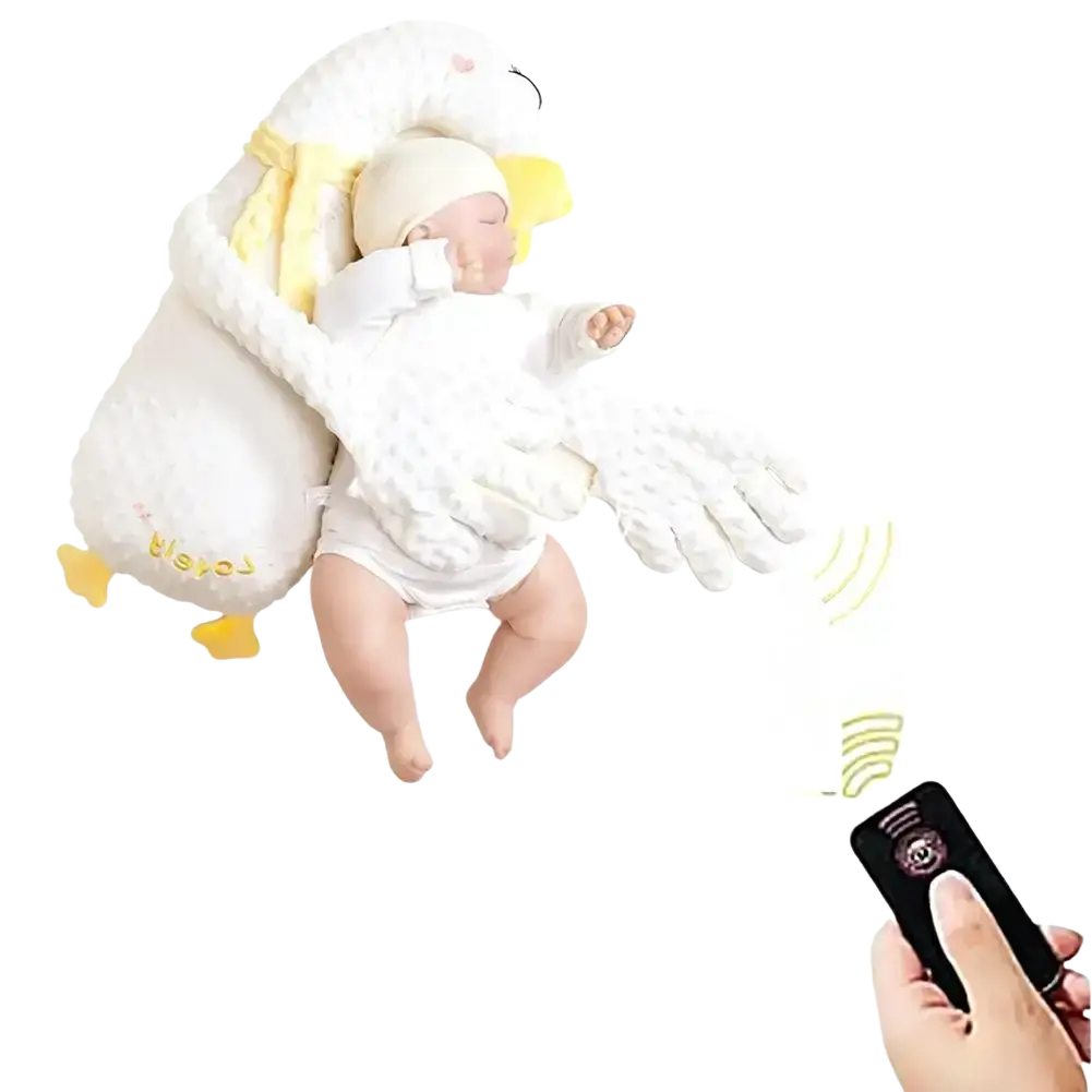 Soft white plush duck-shaped baby sleep aid soothing hand doll with yellow accents and embroidered details