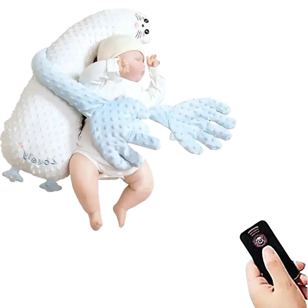 White and light blue plush cat-shaped baby sleep aid soothing hand doll with textured fabric and soft arms