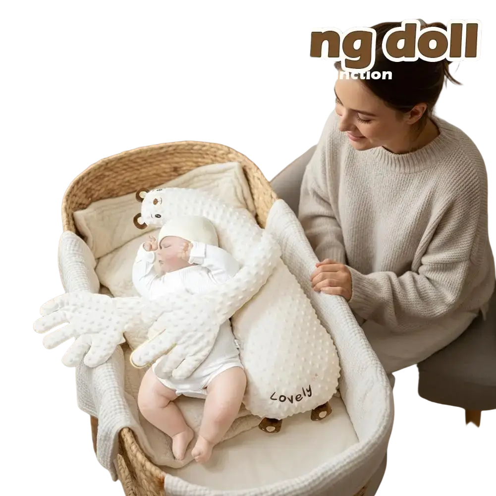 White plush baby sleep aid soothing hand doll with soft textured surface and embroidered lovely on its side
