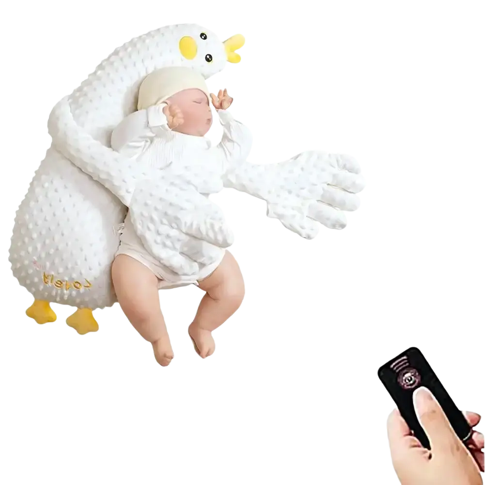 White plush duck-shaped baby sleep aid hand doll with yellow beak and feet in textured fabric for soothing use