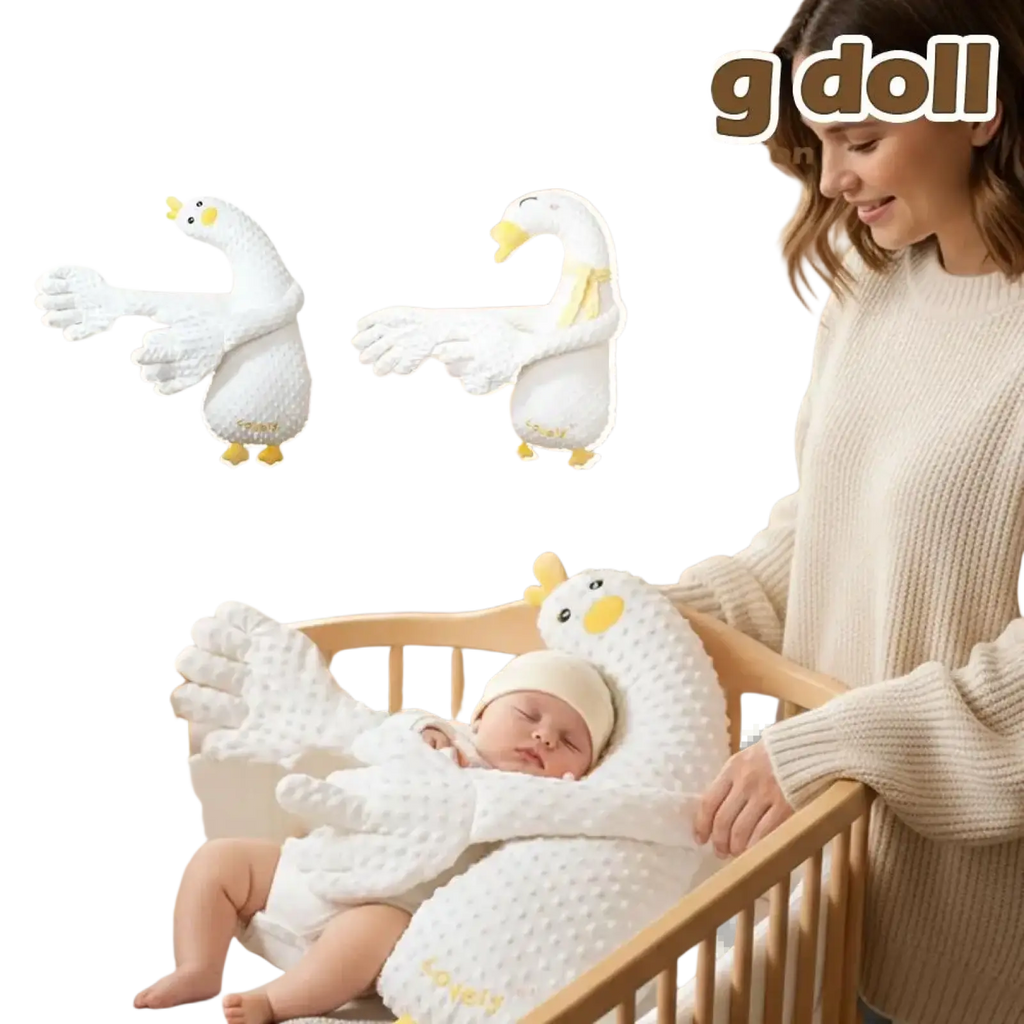 White plush goose-shaped baby sleep aid soothing hand doll with soft textured fabric and yellow beak and feet